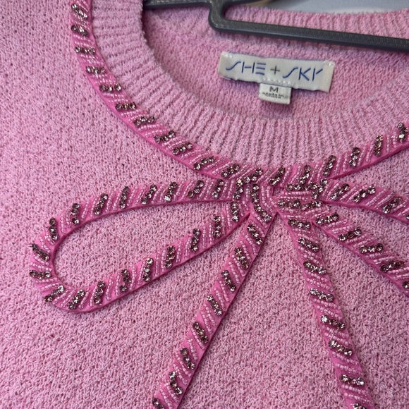 She + Sky Tops - She + Sky Pink Beaded Bow Short Sleeve Sweater